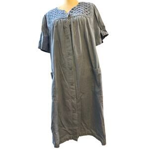 Go Softly Patio Blue MuuMuu Dress Embroidered Short Sleeve Knee Length Size L